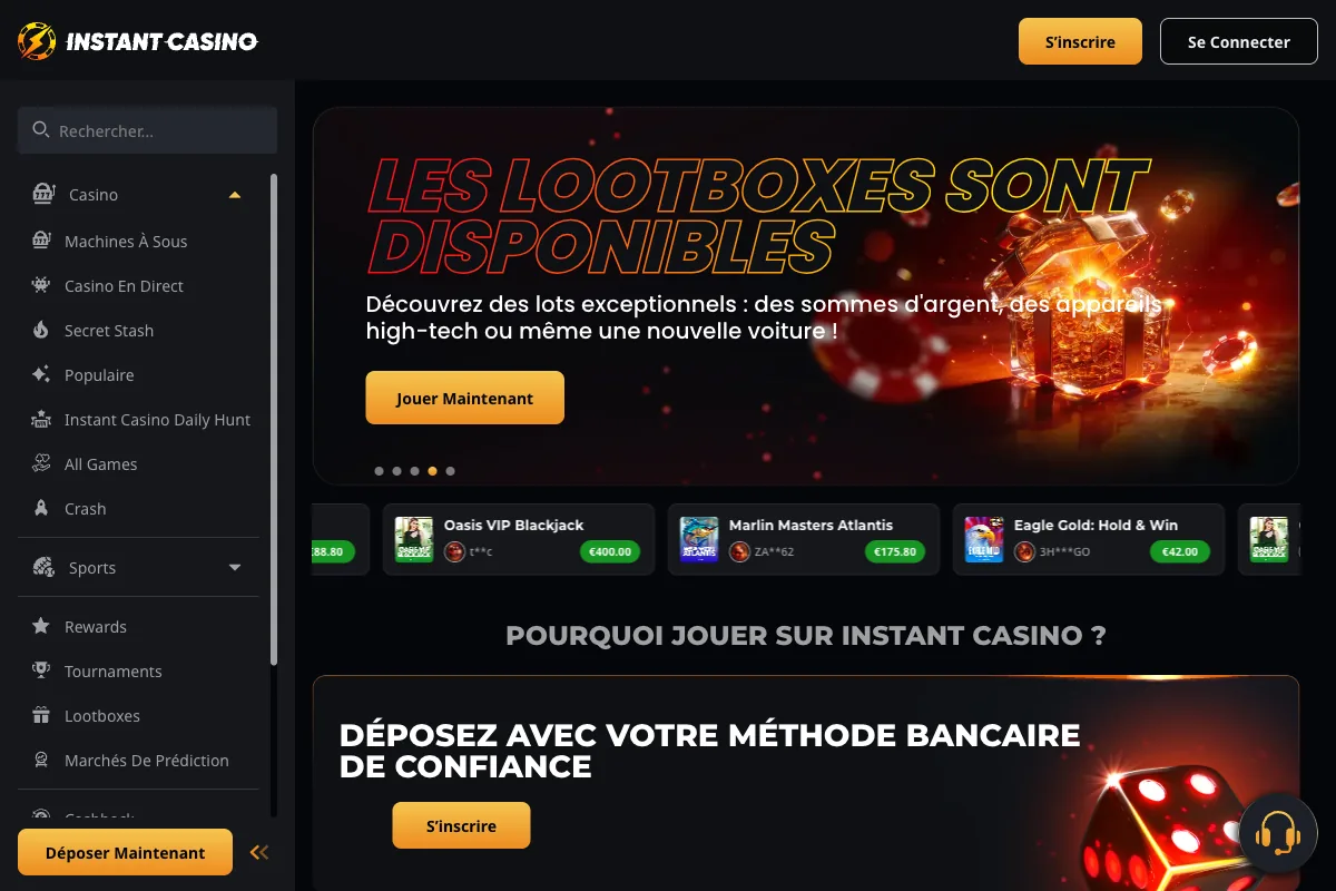 Page d’accueil d’Instant Casino : bandeau rotatif sur les Lootboxes avec slots Le Pharaoh, Le Digger et autres jeux propriétaires en mosaïque