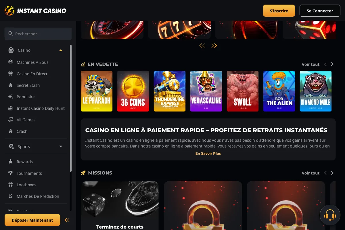 Mosaïque En Vedette d’Instant Casino : Le Pharaoh, 36 Coins, Vegascaline, Swoll, Bob the Alien, Diamond Mole - série Le… propriétaire