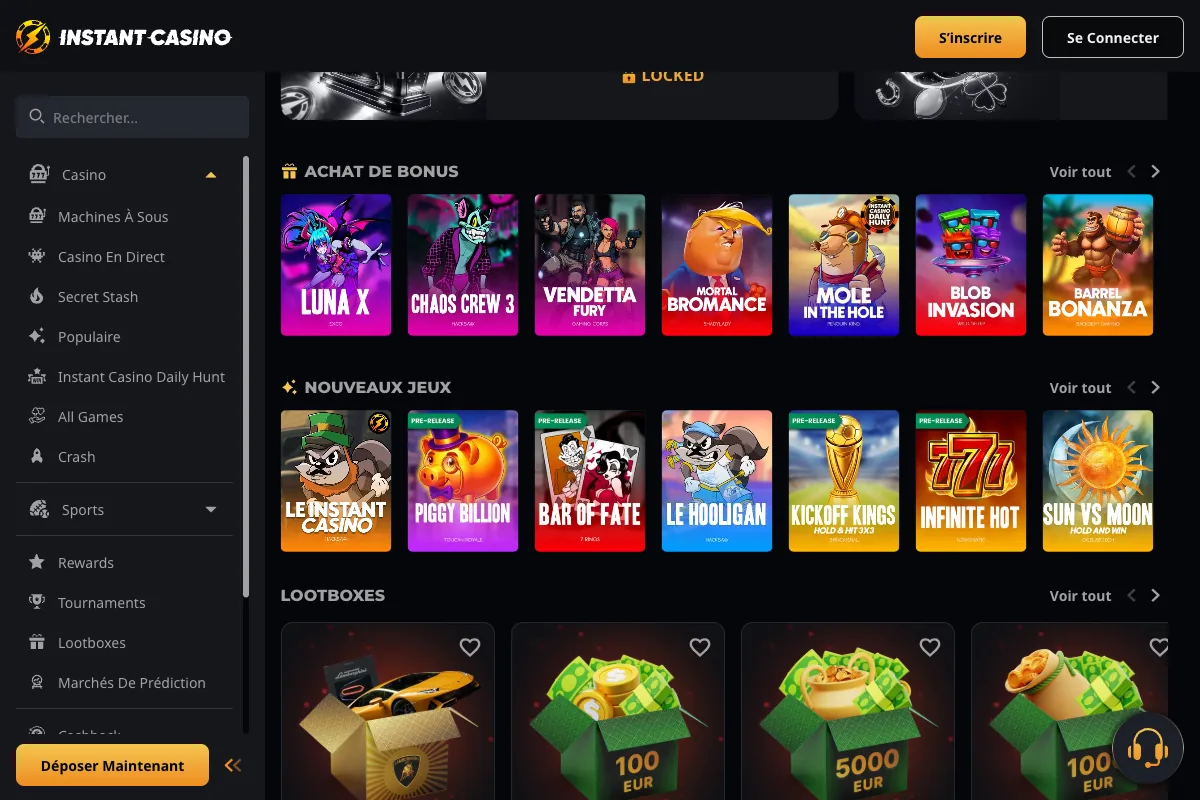 Sections Achat de Bonus et Nouveaux Jeux d’Instant Casino : Luna X, Chaos Crew 3, Vendetta Fury, Bonsai Gold, Le Hooligan, Kickoff Kings, Hot Heist