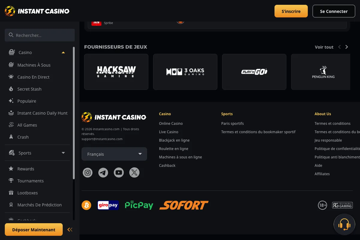 Pied de page d’Instant Casino montrant les méthodes de paiement Bitcoin, GiroPay, PicPay, Sofort et les providers Hacksaw Gaming, 3 Oaks, Play’n GO, Penguin King