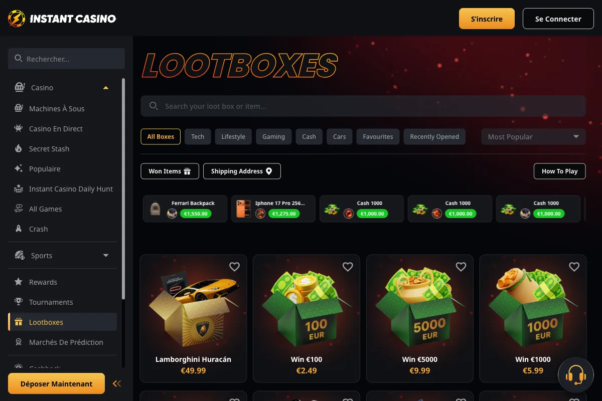 Catalogue Lootboxes d’Instant Casino : coffre Lamborghini Huracán à 49,99 EUR, coffre Win €100 à 2,49 EUR, coffre Win €5000 à 9,99 EUR, coffre Win €1000 à 5,99 EUR