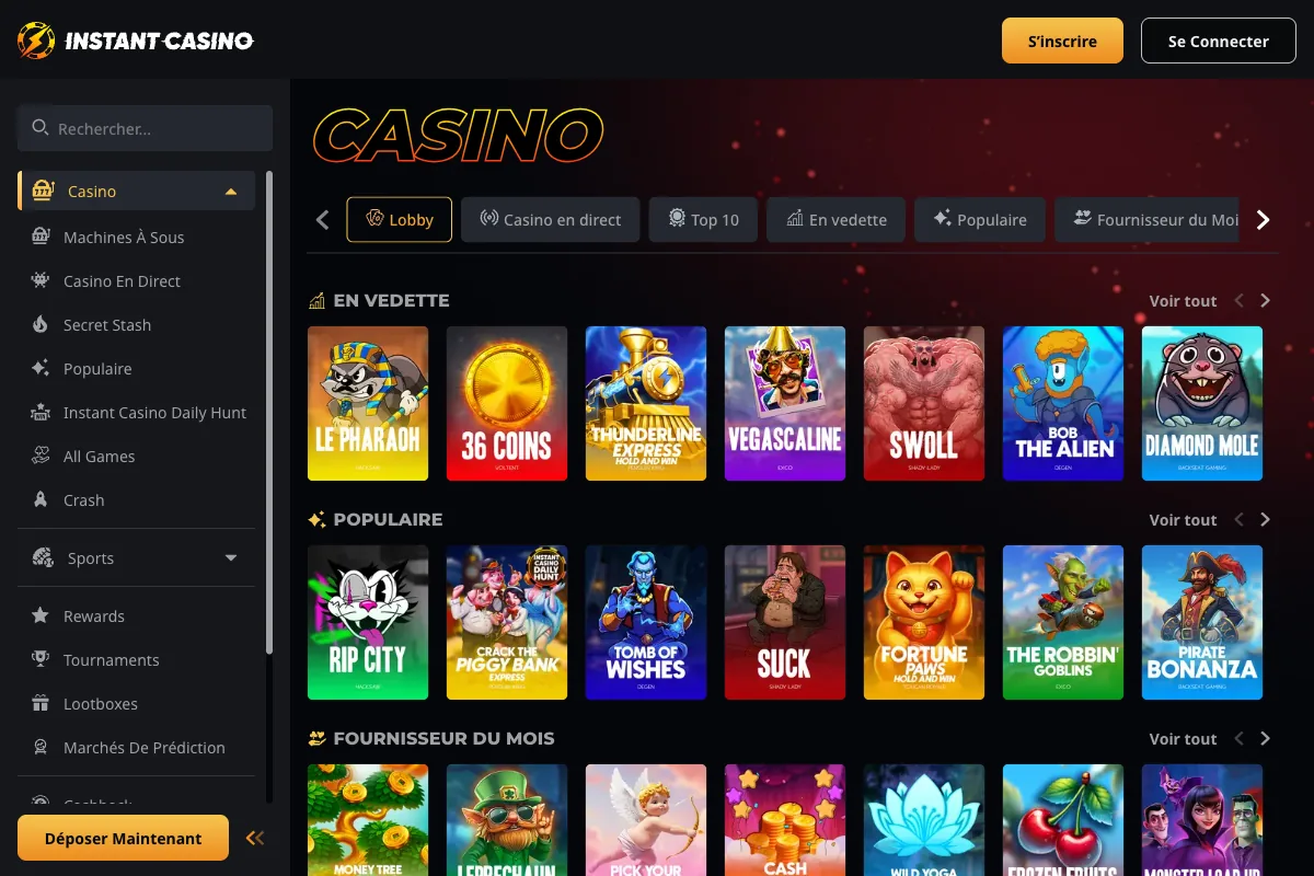 Catalogue Casino d’Instant Casino : section En Vedette avec Le Pharaoh, 36 Coins, Thunderline Express, Vegascaline, Swoll, Bob the Alien, Diamond Mole