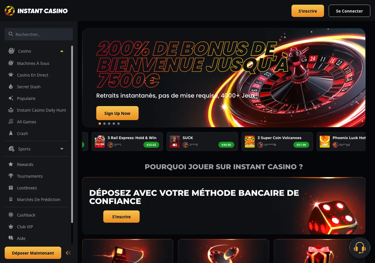 Bandeau hero Instant Casino 200% jusqu’à 7500 euros, retraits instantanés pas de mise requise