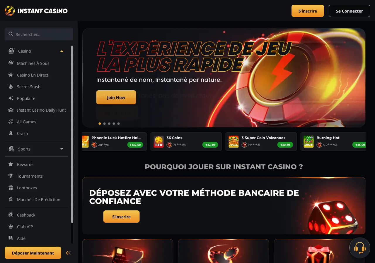 Bandeau hero d’Instant Casino : L’expérience de jeu la plus rapide, Instantané de nom, instantané par nature