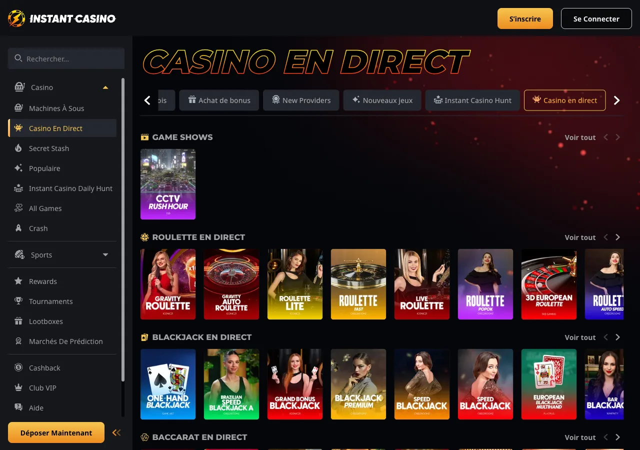 Page Casino en Direct d’Instant Casino : sections Game Shows, Roulette en Direct, Blackjack en Direct, Baccara en Direct
