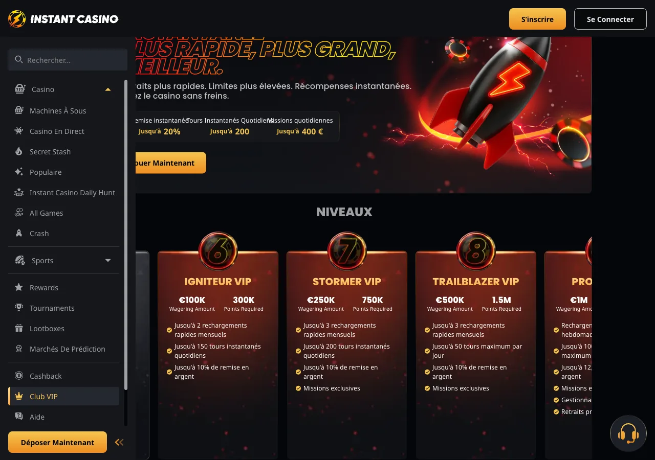 Page Club VIP Instant Casino : paliers Igniteur 100K, Stormer 250K, Trailblazer 500K, Pro 1M