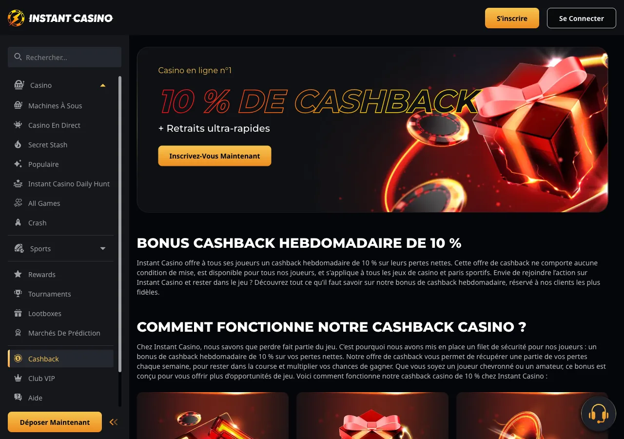 Page Cashback Instant Casino : 10% de cashback hebdomadaire, retraits ultra-rapides