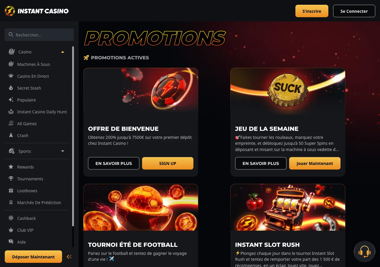 Page Promotions d’Instant Casino : Offre de bienvenue, Jeu de la semaine SUCK, Tournoi été de football, Instant Slot Rush