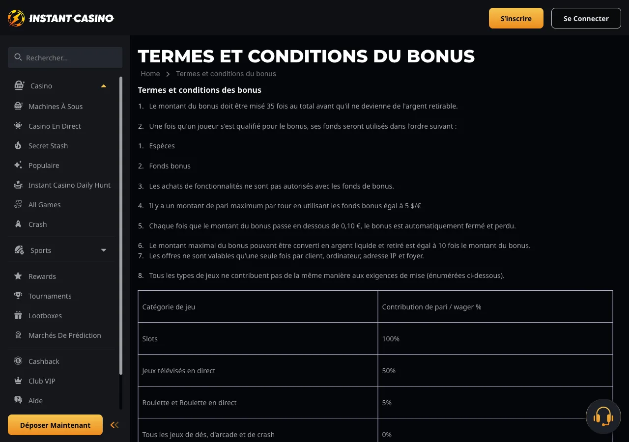 Termes et conditions du bonus Instant Casino : wagering 35x, max bet 5 euros, plafond 10x bonus