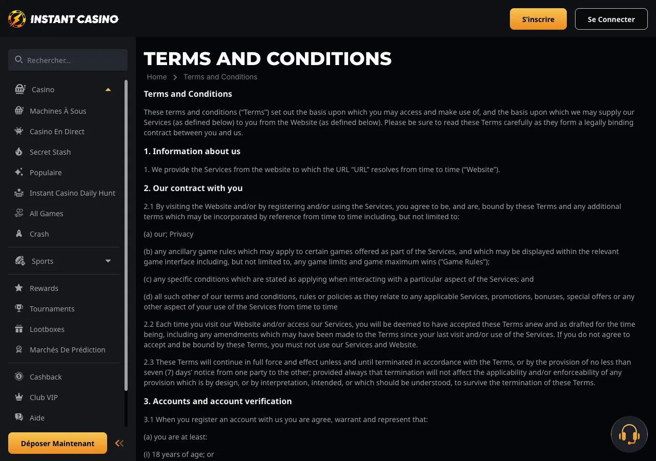 Page T&Cs Instant Casino en anglais : section Information about us et About these Terms