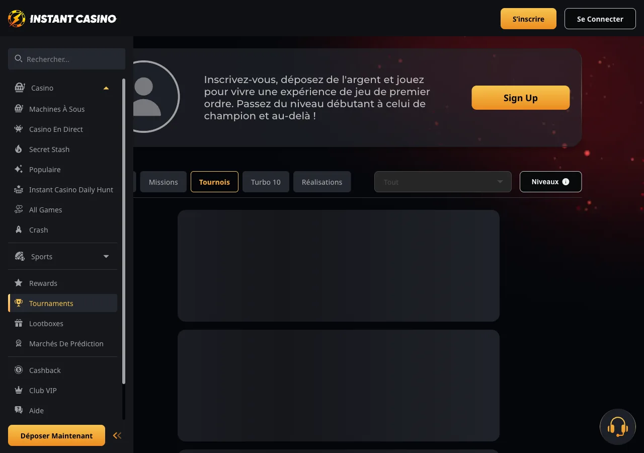 Page Récompenses Instant Casino : onglets Missions, Tournois, Turbo 10, Réalisations