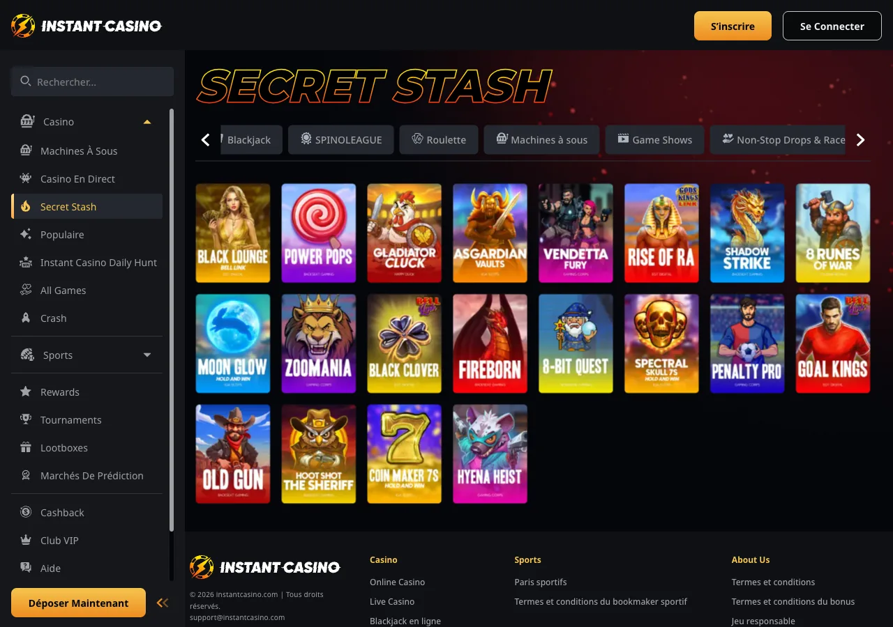 Page Secret Stash sur Instant Casino : sélection de jeux mis à l’honneur