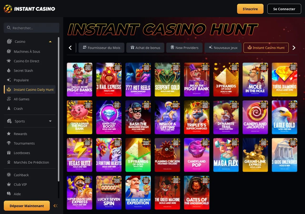 Page Instant Casino Hunt : panier de slots du jour avec objectifs et récompenses gamifiées