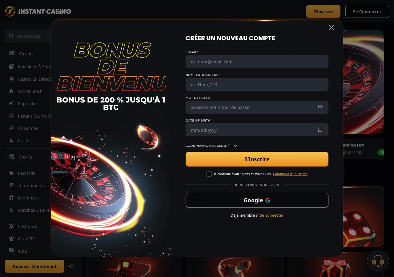 Modal d’inscription Instant Casino avec bandeau Bonus de 200% jusqu’à 1 BTC et champ email