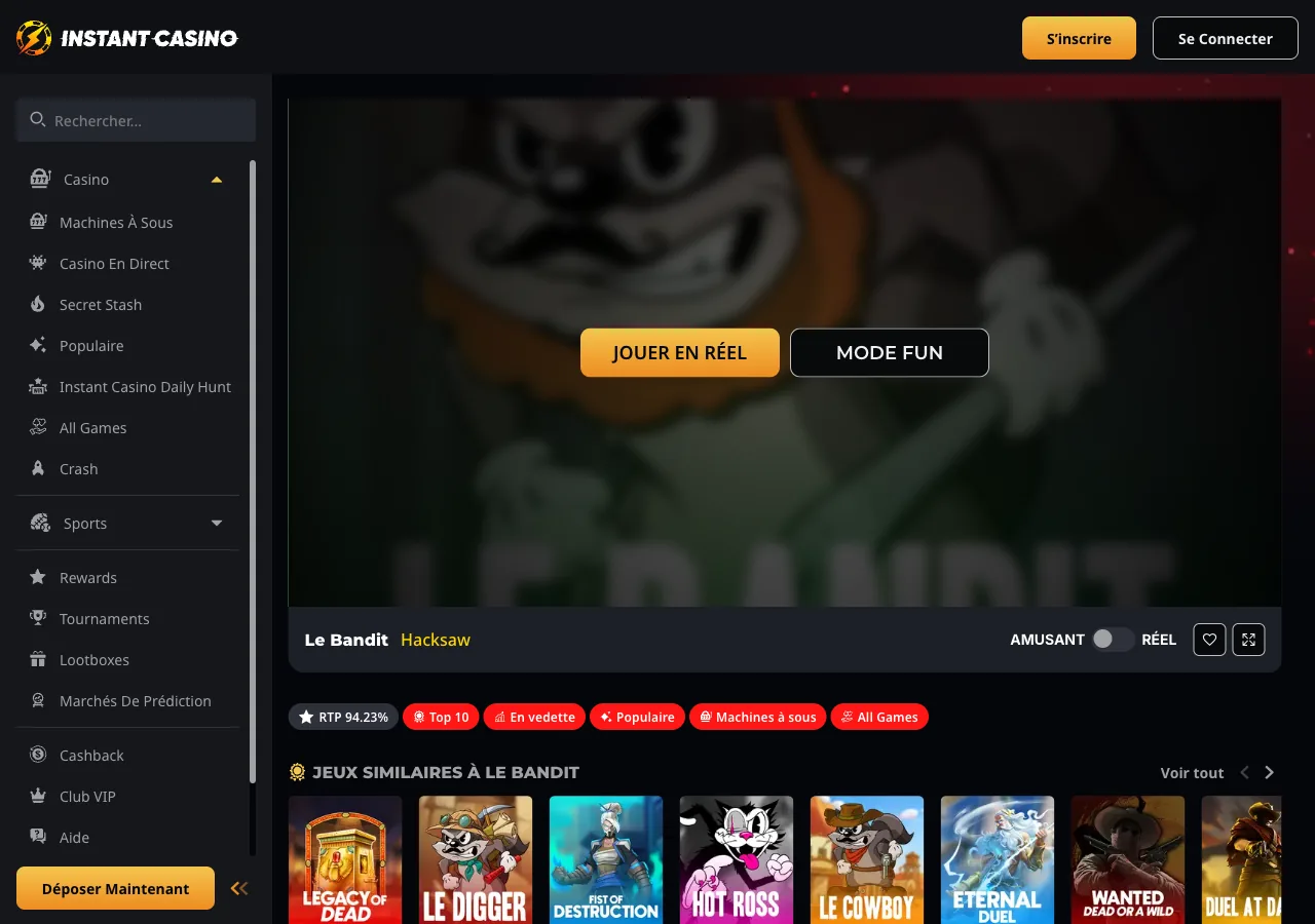 Page jeu Le Bandit Hacksaw Gaming sur Instant Casino : interface Far West avec hacksaw branding