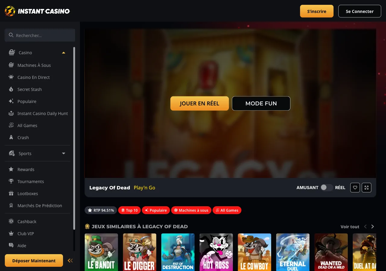 Page jeu Legacy of Dead par Play’n Go sur Instant Casino : iframe du jeu Egypt-themed slot