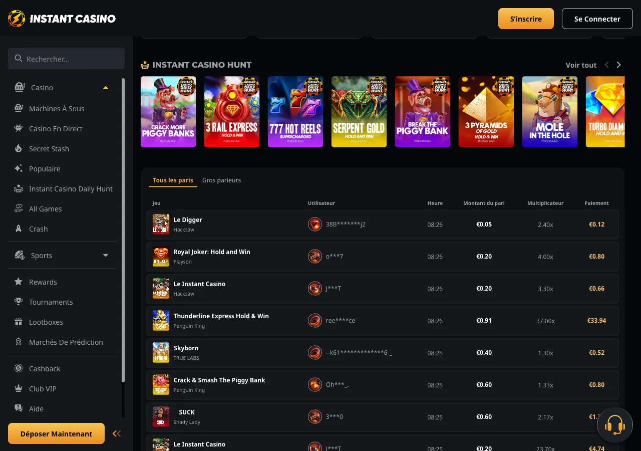 Pied de page d’Instant Casino : providers Hacksaw Gaming, 3 Oaks, Play’n Go, Penguin King avec dernières mises et libellés providers