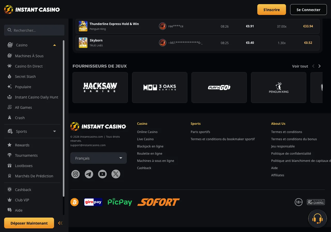 Pied de page officiel d’Instant Casino avec logos Bitcoin, GiroPay, PicPay, Sofort et label 18+