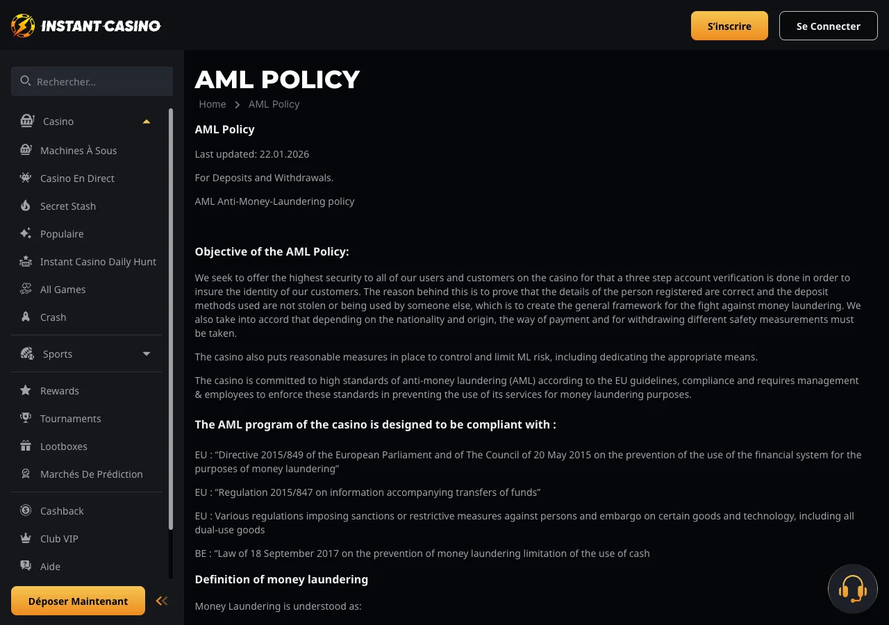 Page AML Policy d’Instant Casino entièrement en anglais, mention EOD Code SRL en bas
